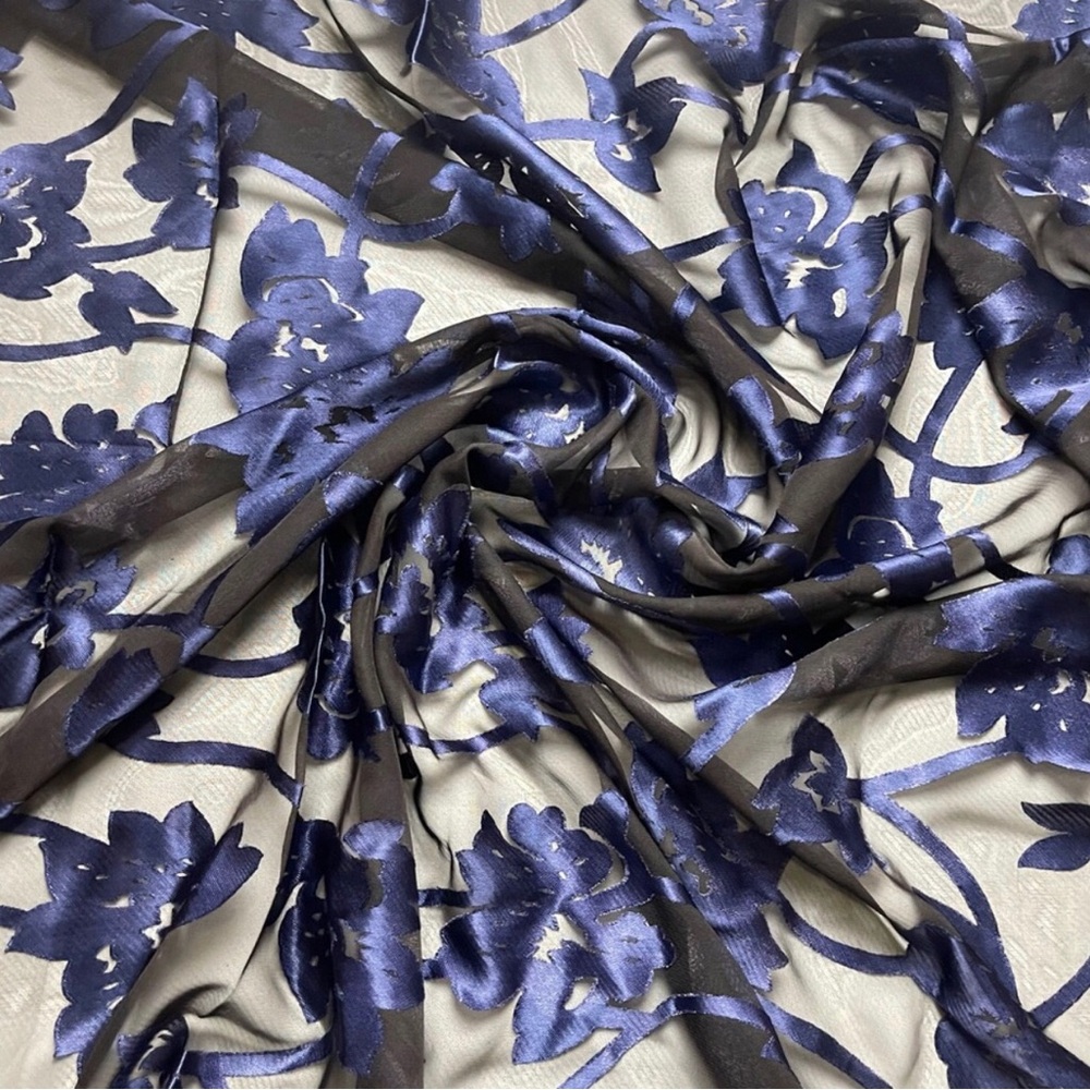 Floral Blue and Black Iridescent Sheer Fabric